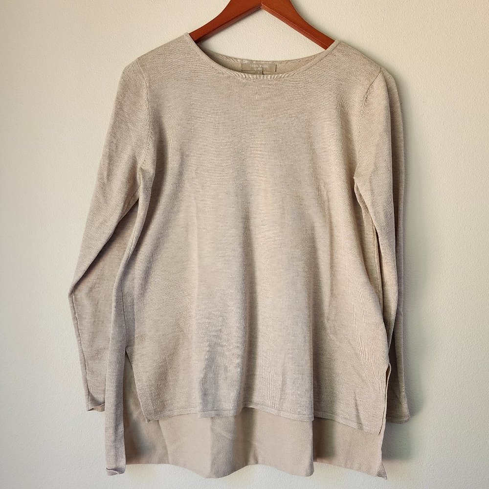 Joan Vass, Women's Blouse Hi Lo Top, Size S, Beige, Rayon Nylon Blend